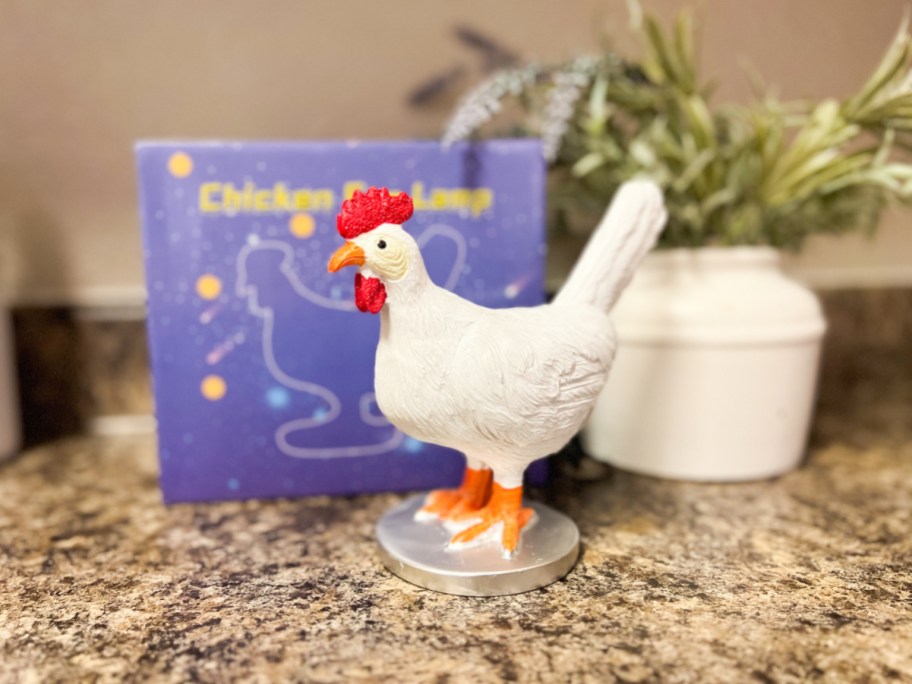 A Chicken Egg Lamp on a countertop near packaging