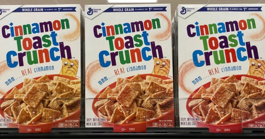 A grocery store shelf full of Cinnamon Toast Crunch Cereal