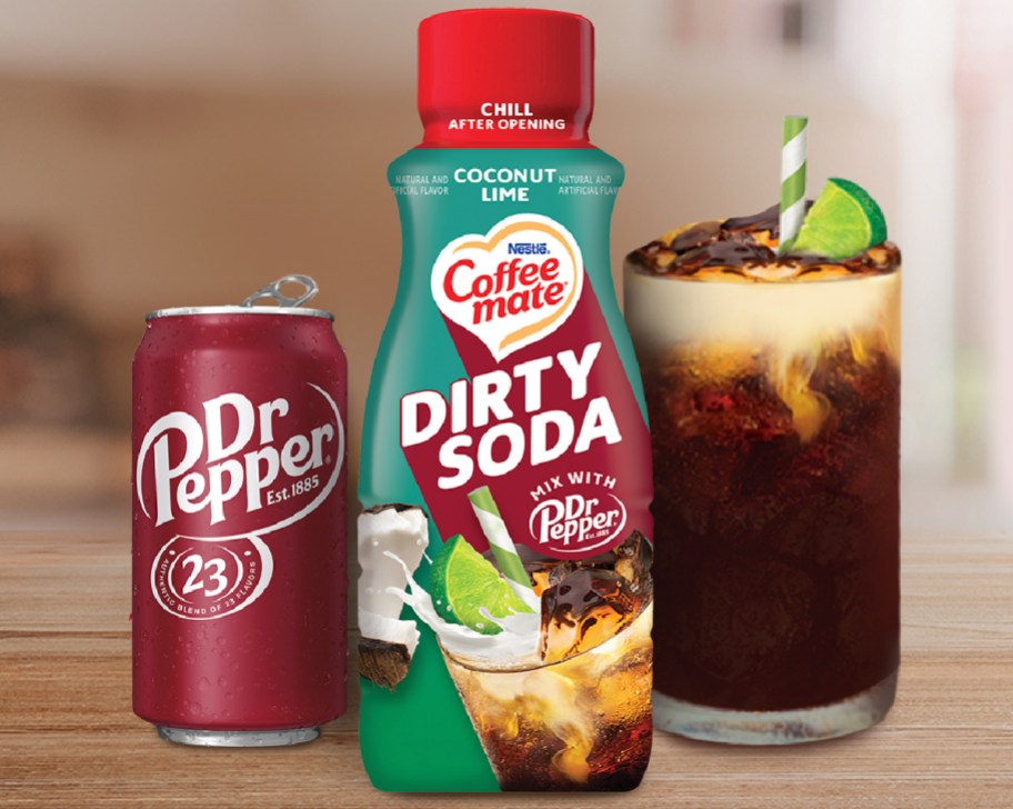Coffee Mate dirty soda creamer with a can of dr. pepper soda