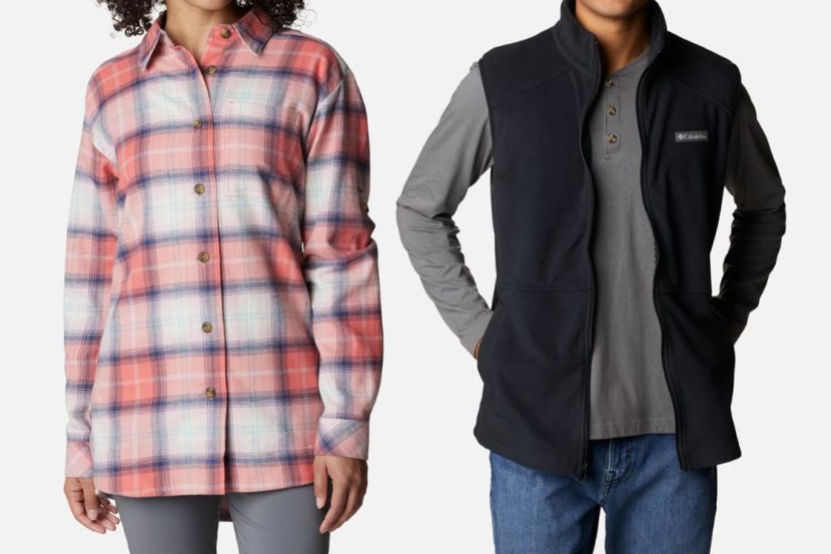 a woman wearing a plaid flannel shirts and a man wearing a fleece vest
