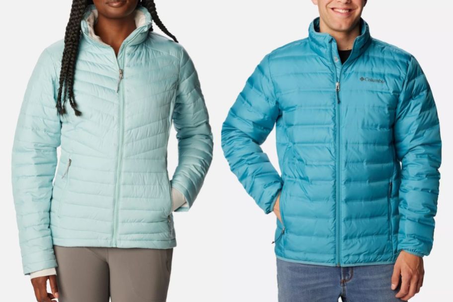 a woman in pastel aqua puffer jaclet and a man in an aqua puffer jacket