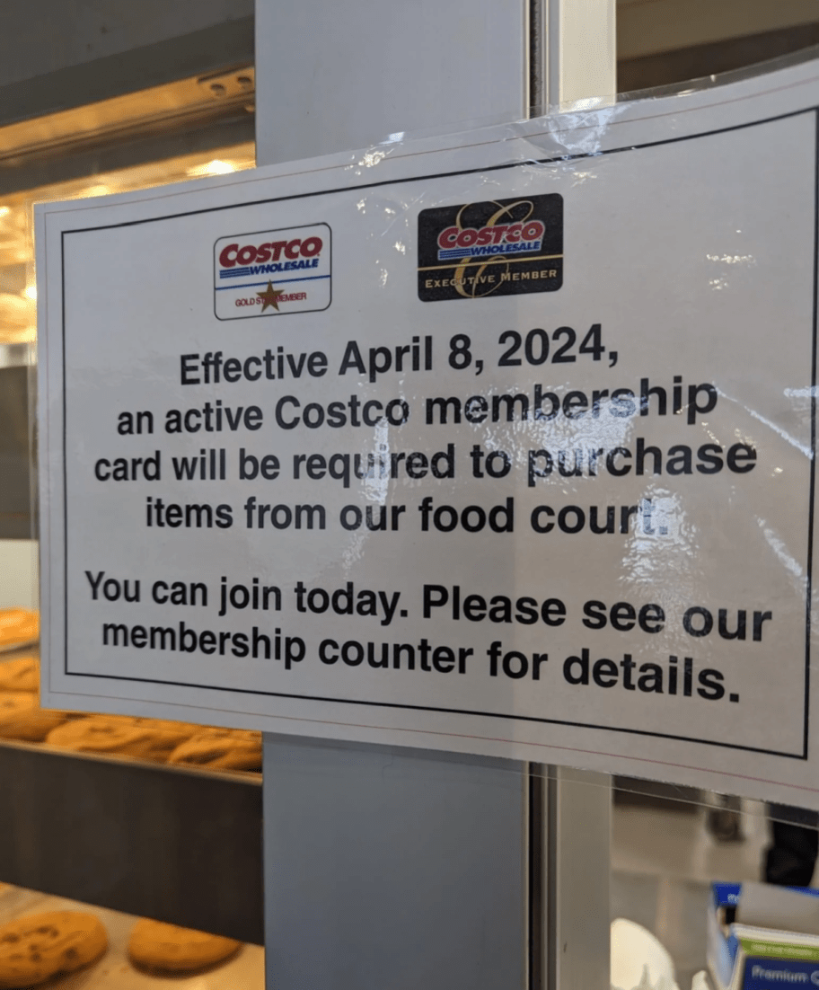 Costco Food Court Sign stating non-members can no longer eat there