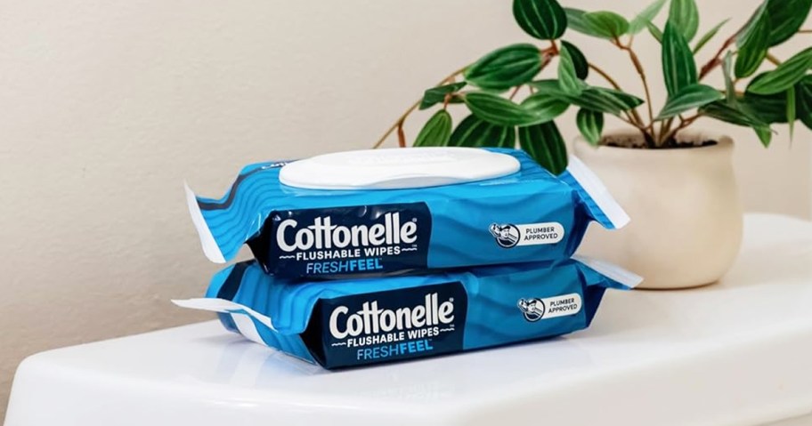 two blue packs of Cottonelle Flushable Wipes on top of toilet tank near plant