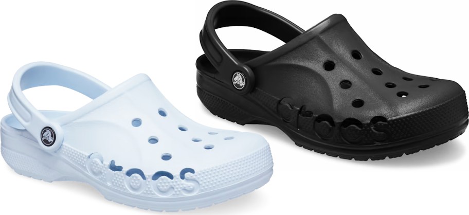 light blue and black crocs clogs