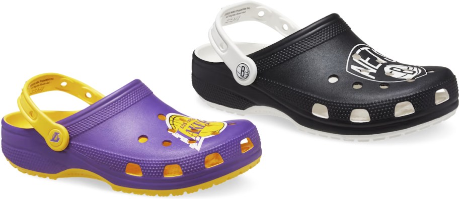 lakers and net crocs clogs