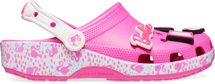 pink and white barbie crocs clog