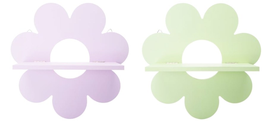 purple and green flower-shaped wall shelves