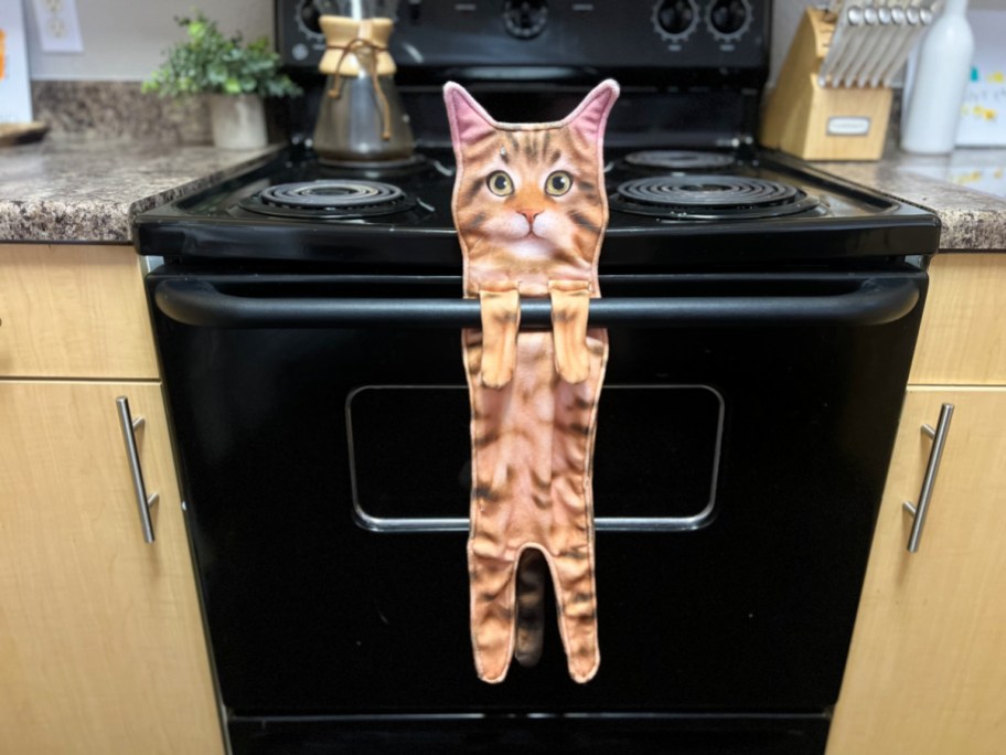A silly cat shaped hand towel hanging from an oven