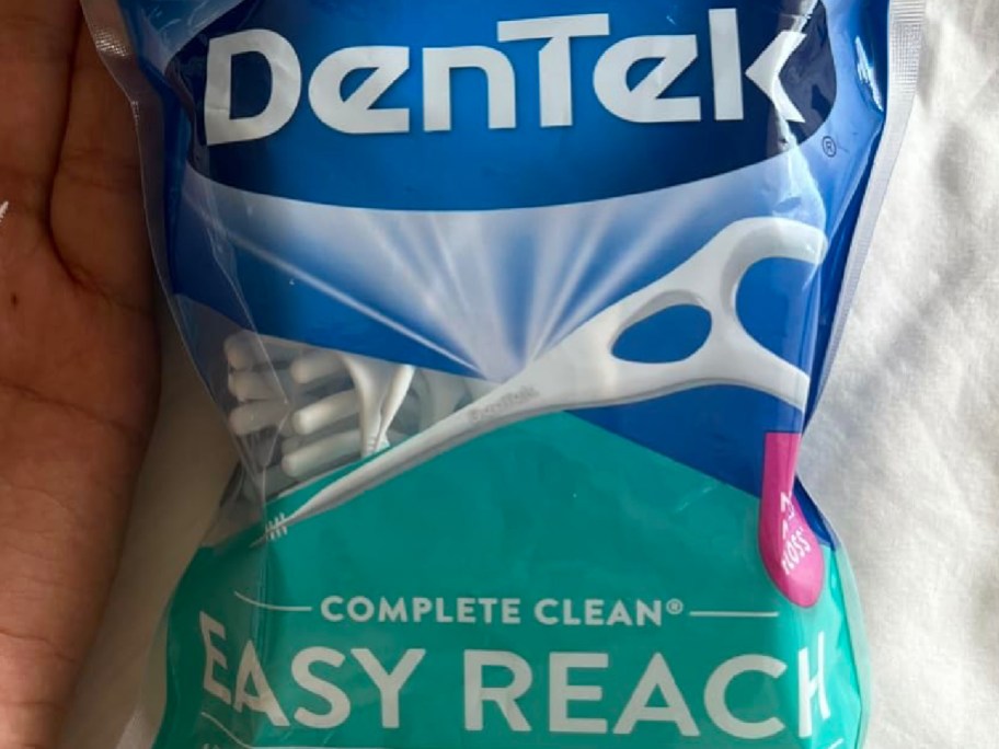 Dentek easy reach dental floss in its bag