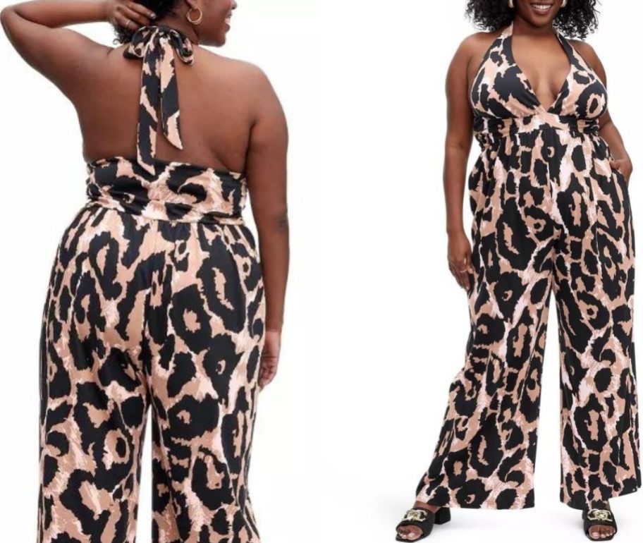 Stock image of a woman wearing a Diane von Furstenberg for Target Leopard Jumpsuit