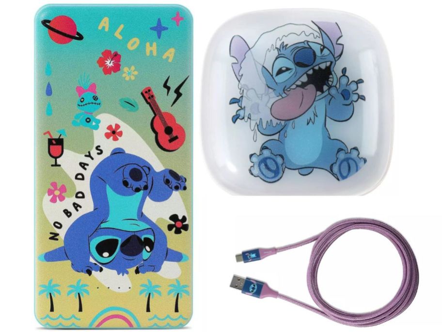 Disney Stitch Portable Power Bank, USB LED Charger, and Cable