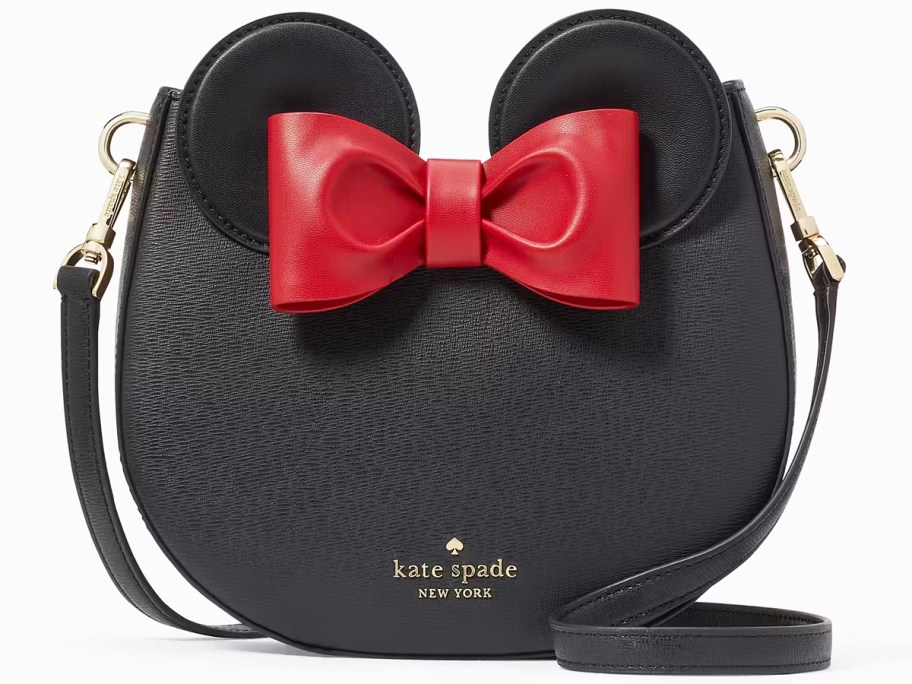 black crossbody bag with minnie mouse ears and red bow