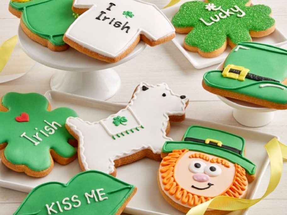 Display of Cheryls St. Patricks Day cookies on different size plates