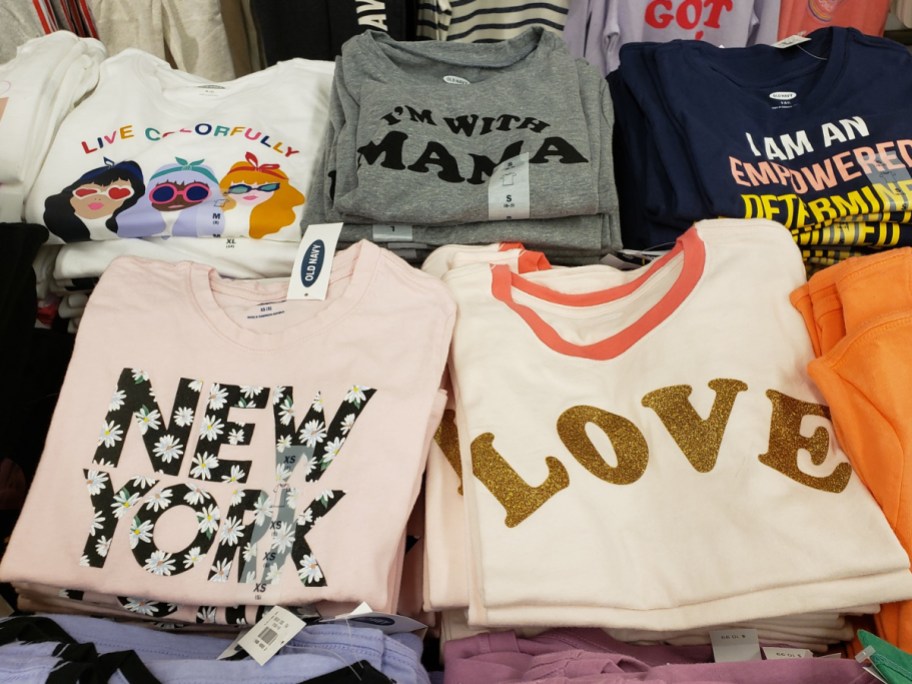 Display of girl t-shirts with designs on them