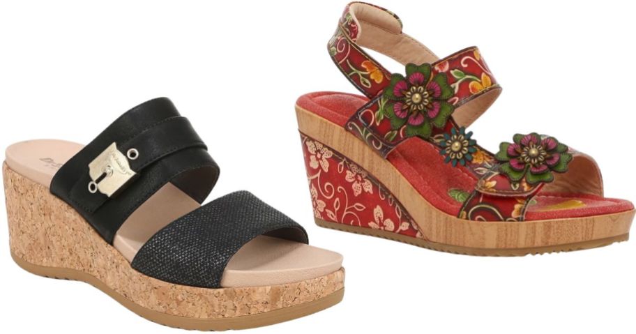 a wedge cork soled black leather strapped sandal and a leather wedge sandal