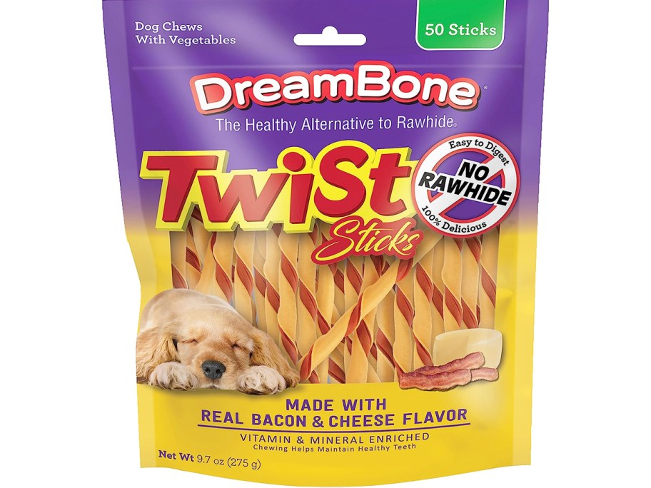 purple and yellow bag of DreamBone Bacon & Cheese Twist Sticks