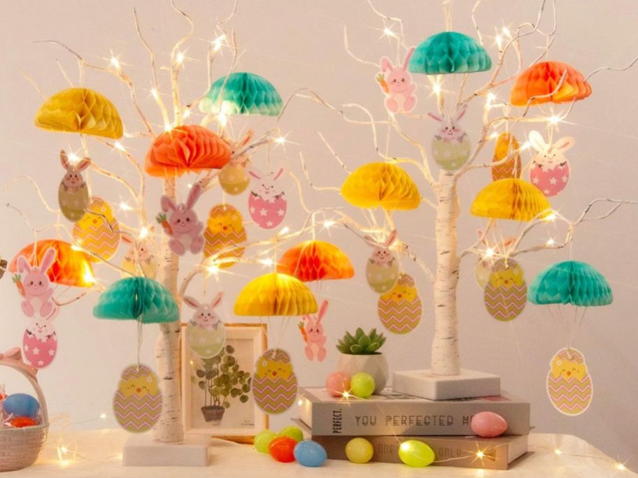 EAMBRITE Easter Decorations, 2PK Easter Tree Lights with Honeycomb Ornaments
