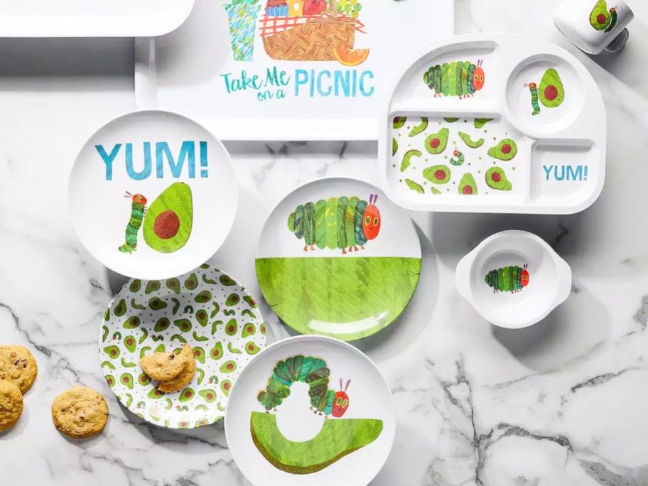 The Very Hungry Caterpillar printed plates, bowls, and trays