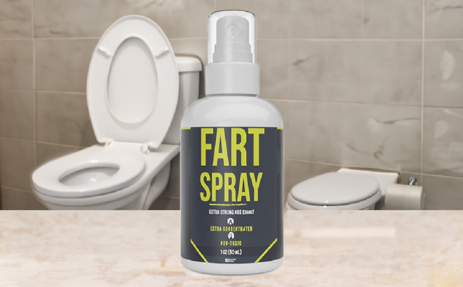 A bottle of fart spray in the bathroom