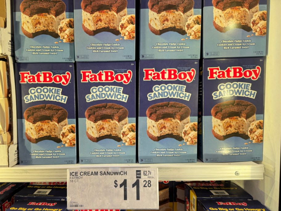 large boxes of FatBoy cookie sandwiches in freezer section