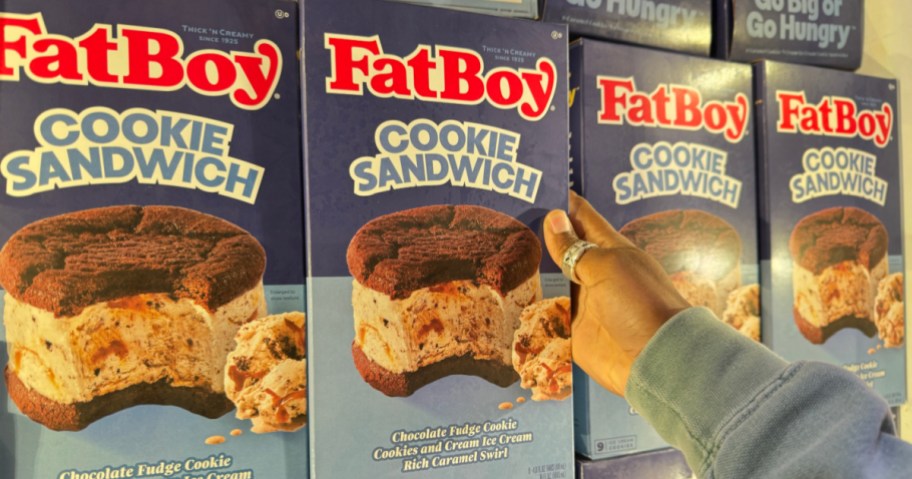 large box of Fat Boy Cookie sandwiches in freezer section 