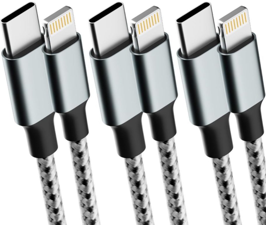Stock image of 3 Type-C Lightning Cables