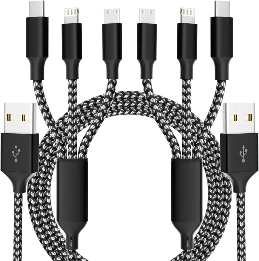 Stock image of 2 black multi-connection charging cables