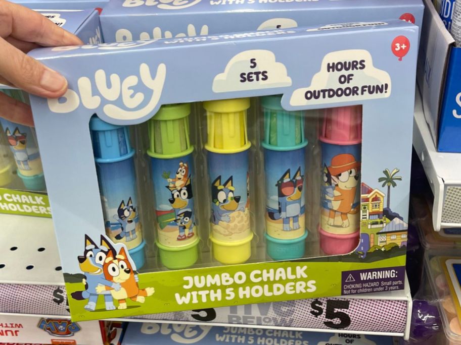 A 5-count box of Jumbo Bluey Themed Sidewalk Chalk in holders from Five Below