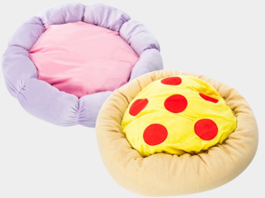 flower and pizza shaped pet beds