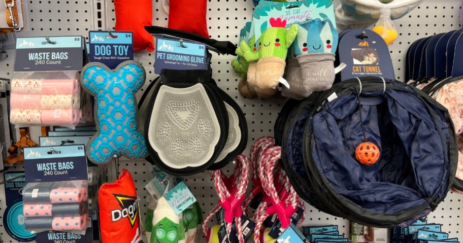 various pet supplies, dog toys, leashes, grooming items on a display wall at Five Below