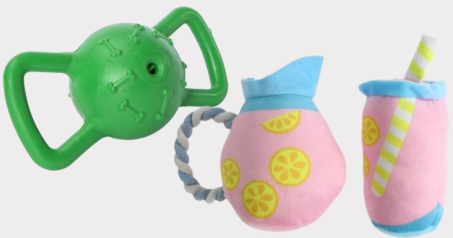 green dog toy with handles and plush dog toys that look like a lemonaid pitcher and glass