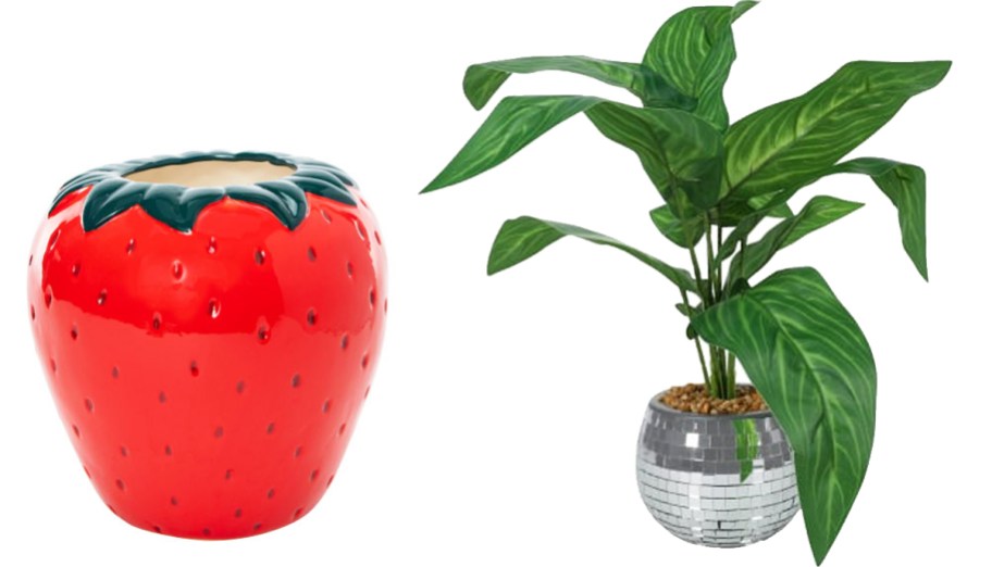 strawberry planter and faux plant in a disco ball planter