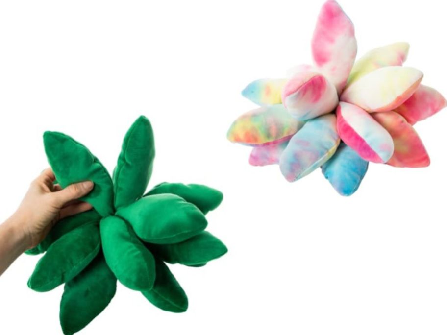 Stock images of green and tie-dye succulent pillows from Five Below
