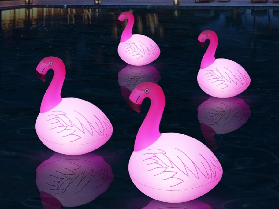 four pink inflatable flamingo solar lights floating in pool