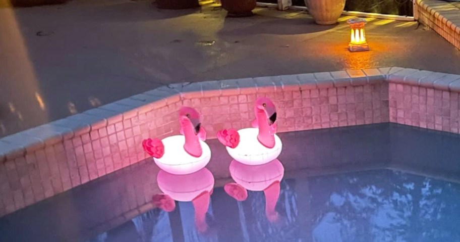 two pink inflatable flamingo solar lights floating in pool