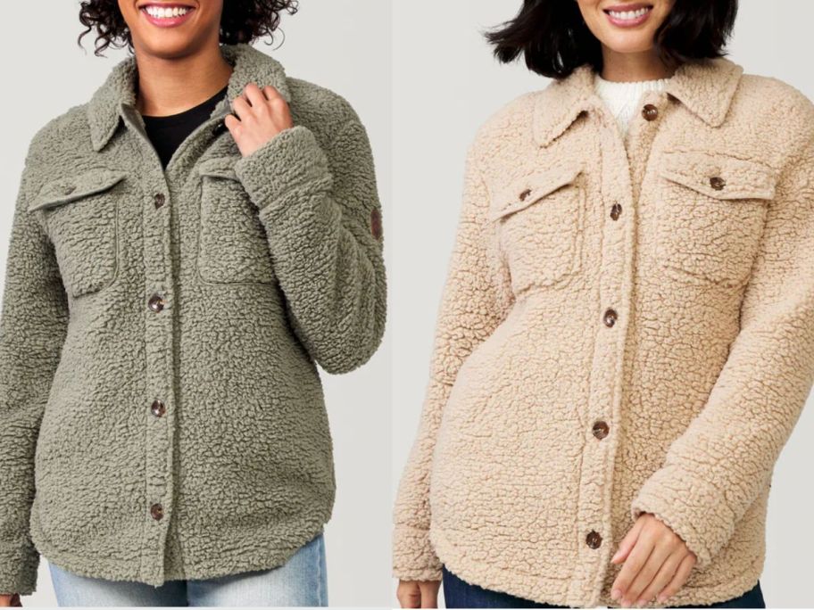 Stock images of 2 women wearing Free Country Sherpa Shackets