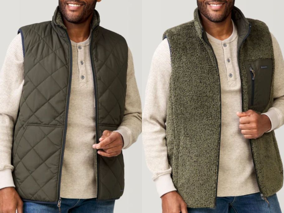 Stock images of a man wearing a Free Country Reversible Vest 