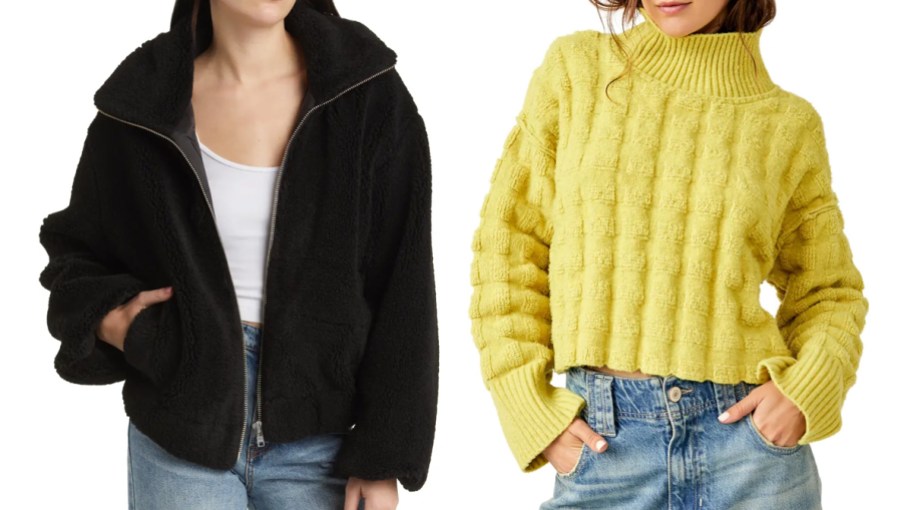 woman in black jacket and yellow sweater