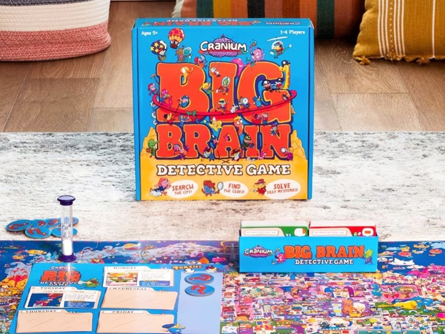Funko Cranium Big Brain Detective Game box and game pieces on floor