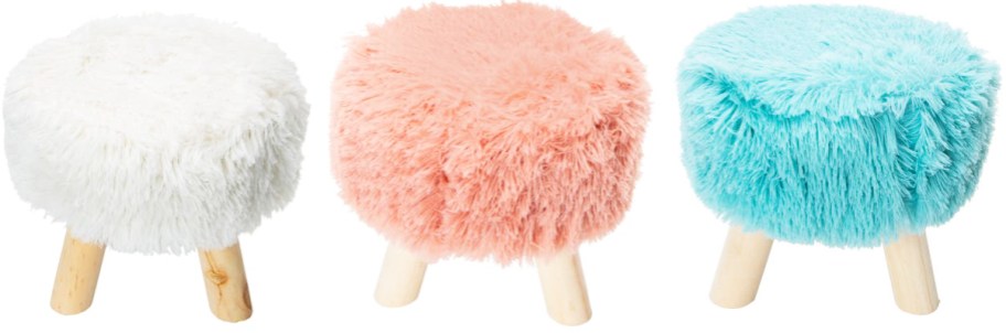 white, pink, and blue fluffy furry mini stools