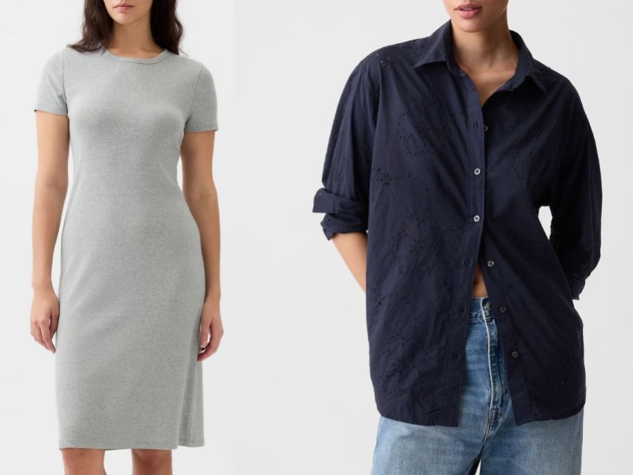 Stock images of a woman wearing a GAP t-shirt dress and another woman wearing an eyelet button-down shirt