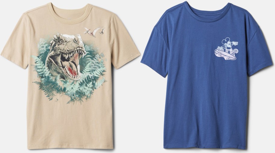 dinosaur and mickey mouse graphic tees