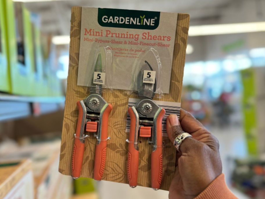 A hand holding a 2-pack of Gardenline Mini Pruning Shears