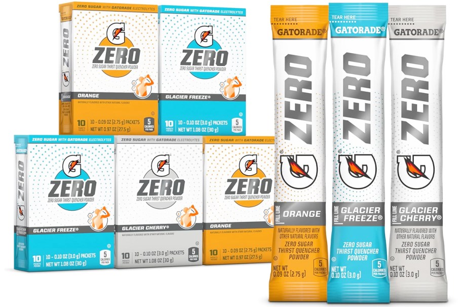 5 boxes of Gatorade G Zero Powder in 3 different flavors