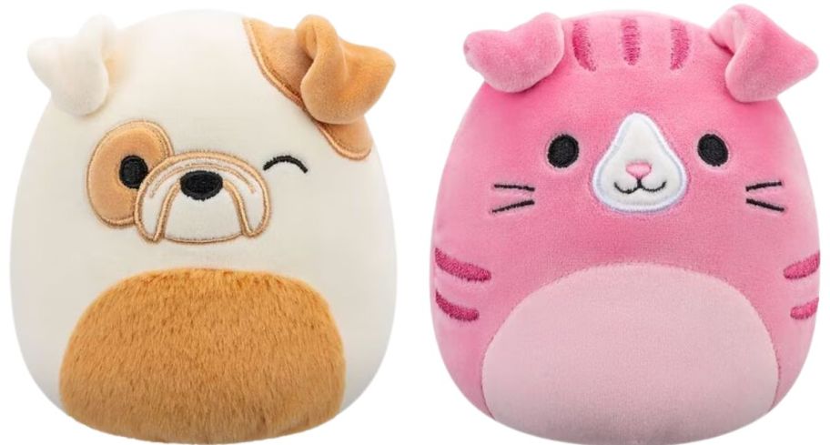bulldog and cat squishmallows on a white background