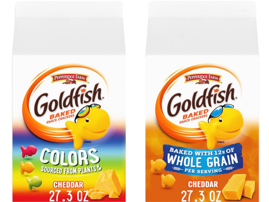 large cartons of goldfish colors and whole grain goldfish crackers