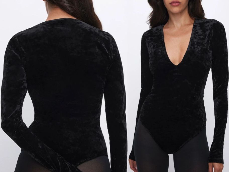 Woman wearing a A Good American Crushed Velvet Bodysuit