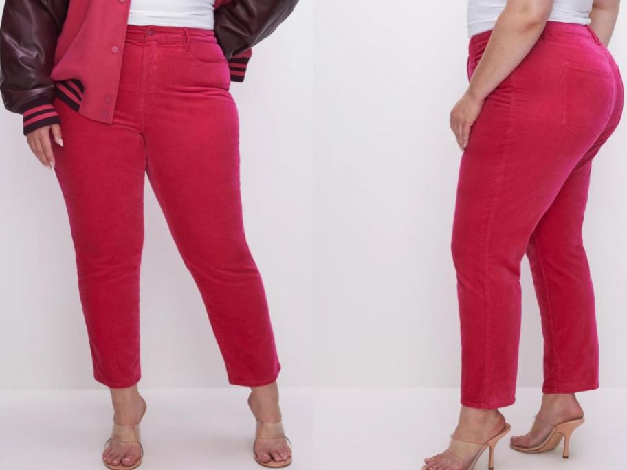 Stock images of a woman wearing Good American corduroy pants