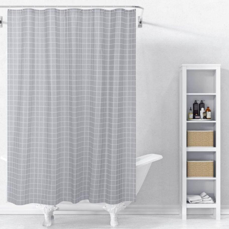 a gray and white plaid shower curtain