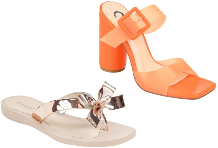 a filp flop with gold bow and an orange block heel sandal